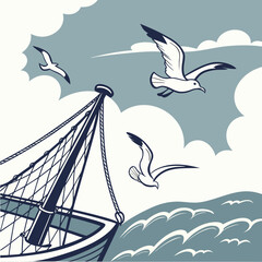 Seagulls gracefully hovering above a fishing boat at sea, capturing a serene maritime moment.