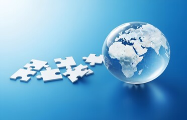 Global puzzle pieces scattered around a transparent earth globe