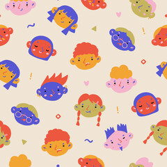 Diverse kids faces - Colourful Seamless Surface Pattern