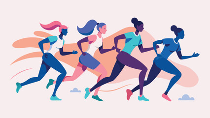 A diverse group of people sprinting together during a competitive race on a sunny day..eps