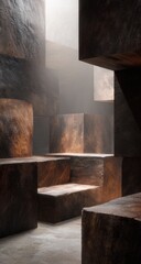 Dark, textured wooden cubes create a minimalist, hazy space