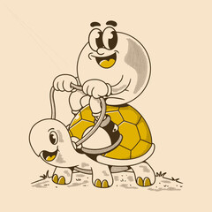 Obraz premium Happy character riding cute turtle with joyful smile