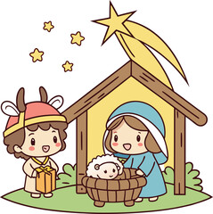 Merry Christmas Nativity Scene Cute Hand Drawn Illustration with Baby Jesus Mary Manger Donkey Child Stars Christian Holiday Greeting Card for Religious Christmas Celebration and Winter Decor