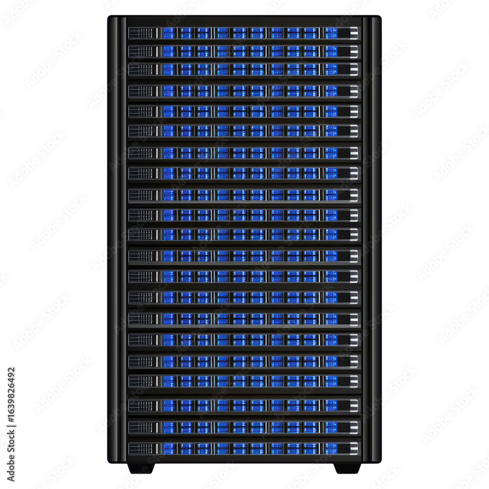 Poster high-performance data storage rack with led indicators and servers, isolated on transparent backgrou