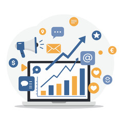 Fototapeta premium An illustration of a desktop with a digital marketing dashboard, showing a rising graph, a magnifying glass, and social media icons.