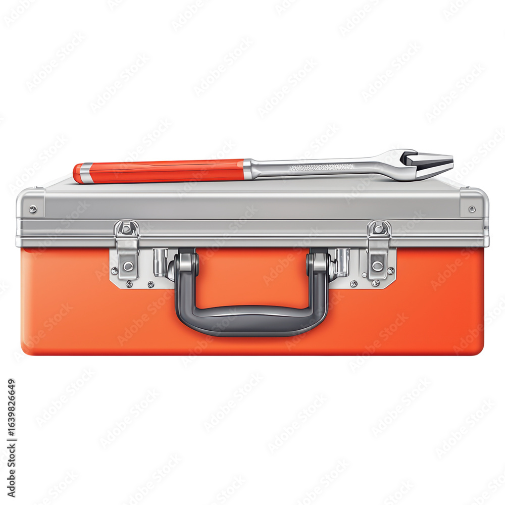Aufkleber bright orange toolbox with simple wrench and red handle on top, isolated on transparent background.