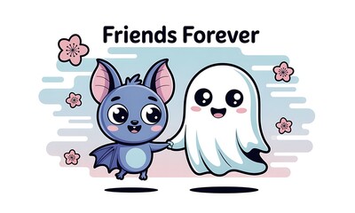 Adorable bat and ghost holding hands 'Friends Forever' cute Halloween character illustration for kids apparel, greeting cards, stickers, nursery wall art, social media and party invitations