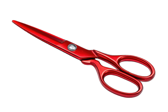Red scissors, angled view, sharp, metallic