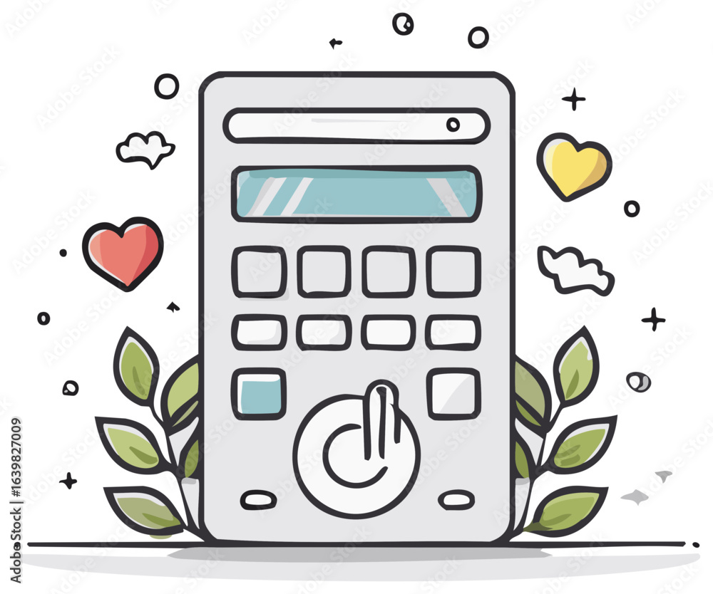 Poster minimalist hand drawn remote control device with power button and positive doodle elements