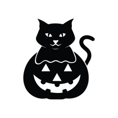 Black cat emerging from a spooky halloween jack o lantern isolated on white background isolated on transparent background