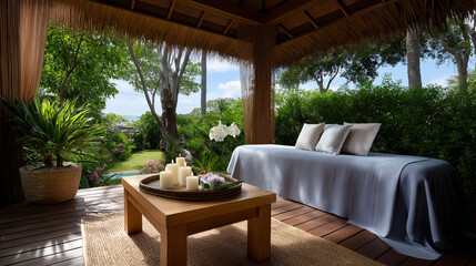 Fototapeta premium Massage in Nature with Sea and Garden Views