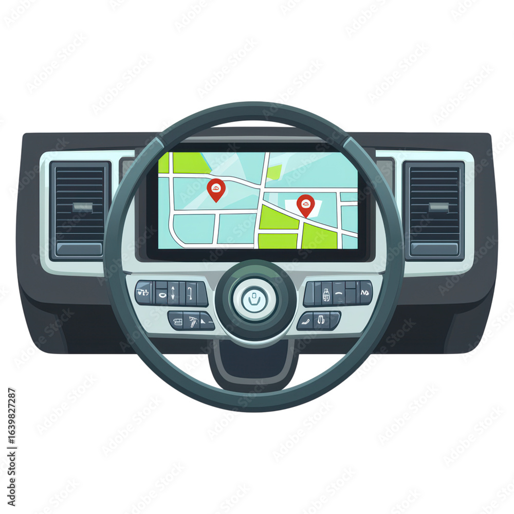 Poster car dashboard with navigation system and steering wheel display, isolated on transparent background.