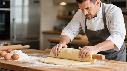 Focused male chef rolling dough with wooden pin on floured table in professional kitchen