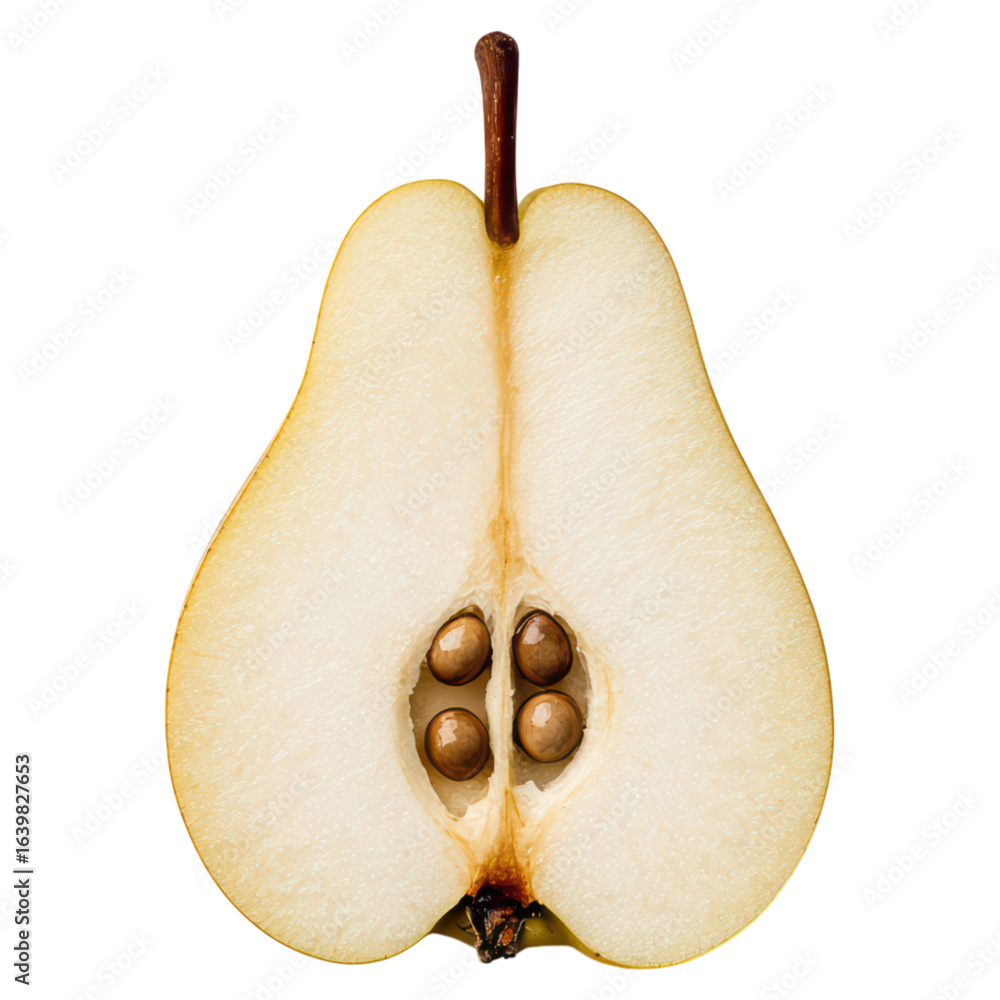 Poster cross-section of a ripe pear showcasing seeds and smooth texture, isolated on transparent background