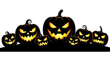 Group of glowing carved halloween pumpkins isolated on white background