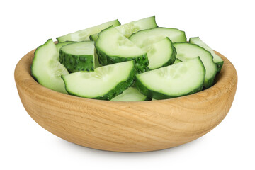 Sliced cucumber in wooden bowl isolated on white background with full depth of field