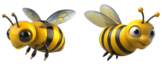 Two set of happy 3d bees flying isolated on white background. Suitable for marketing or business purposes. PNG file