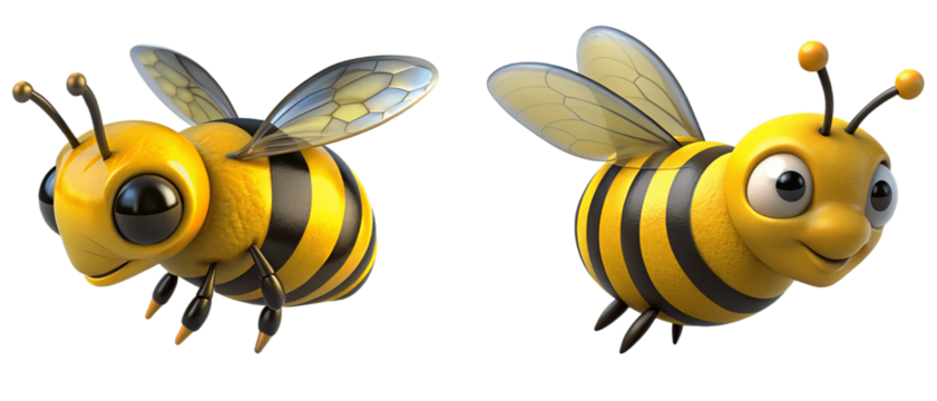 Two set of happy 3d bees flying isolated on white background. Suitable for marketing or business purposes. PNG file