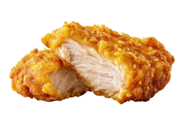 Two pieces of breaded chicken, sliced open, showcasing the juicy interior.  Golden-brown crispy exterior, contrasted with the pale, white meat inside.  Close-up, high-quality food photography