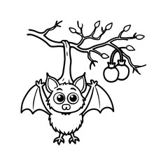 Adorable cartoon bat hanging upside down from a tree branch with cute round eyes isolated on white background isolated on transparent background