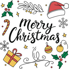 Merry Christmas Hand Drawn Vector Greeting Card Design with Santa Hat, Holly Leaves, Ornaments, Gifts, Candy Cane, Snowflakes, and Festive Decorative Elements for Holiday and Winter Celebrations
