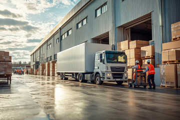 Workers transport boxes from a truck to the warehouse loading area during the afternoon, surrounded by stacks of packages