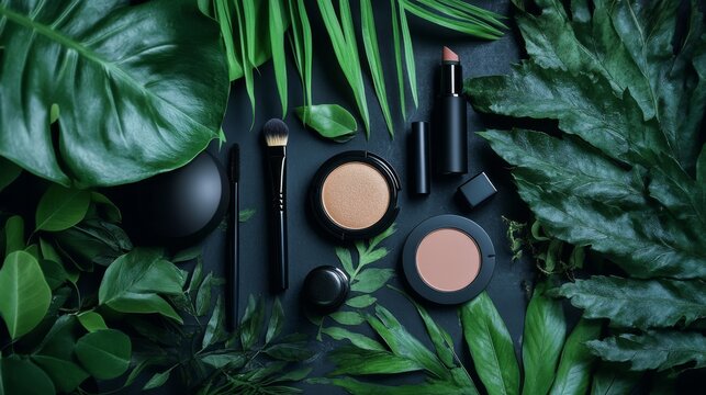 Assortment of colorful makeup brushes, sponges, and beauty accessories artistically arranged with lush green foliage on a clean white background for fashion, cosmetics, and self-care concepts




