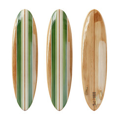 Three vintage-style surfboards,  oval-shaped, with light beige/tan and  green  vertical stripes