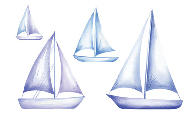 Watercolor sailboat set with ocean breeze style. Soft pastel watercolor yachts on white background.
