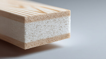 Cross section of laminated wood panel showing layered structure with foam core and wooden outer layers in close up view
