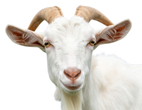 Close-up of White-Faced Goat with Long Curved Horns, isolated on transparent background