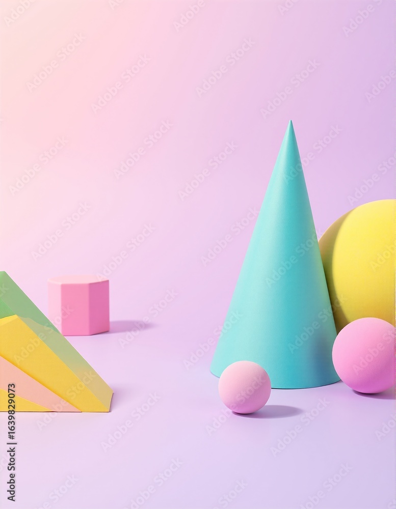 Poster a vibrant assortment of geometric shapes, including circles, triangles, and squares, stacked playful