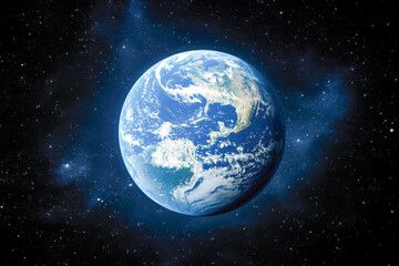 Obraz premium Earth is prominently displayed with blue oceans, green land, and swirling white clouds against a starry background