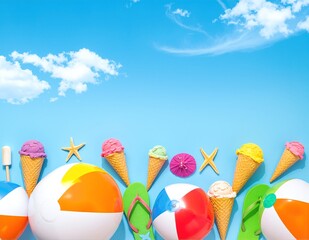 A vibrant collection of colorful beach balls and striped umbrellas scattered across a sandy beach, evoking a fun, sunny day by the ocean.