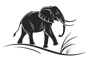 Obraz premium Minimalist African elephant silhouette vector illustration in black, side profile view, with tusks and clean lines on white background – perfect for wildlife, safari, nature, and logo design projects