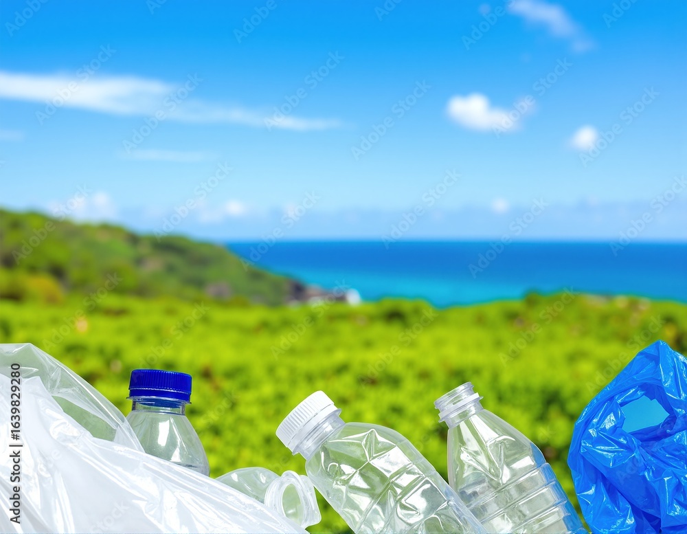 Poster a colorful assortment of plastic bottles in various shapes and sizes, some with caps on and others o