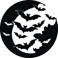 A group of silhouette bats flying across a large full moon at night isolated on white background isolated on transparent background