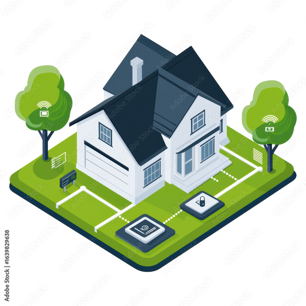 Poster secure smart home with modern technology and wireless connectivity, isolated on transparent backgrou