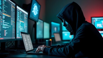 hacker working on laptop computer
