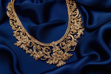 A radiant gold statement necklace with elaborate filigree details, set against a rich royal blue silk fabric, created by ai