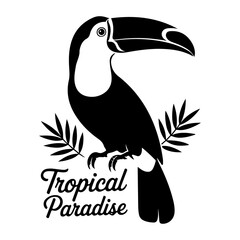 Obraz premium Stylized silhouette of a toucan bird with tropical leaves and text