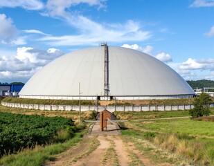 Obraz premium A large, gleaming white dome rises majestically against a clear blue sky, surrounded by lush greenery, casting a soft shadow on the ground below.