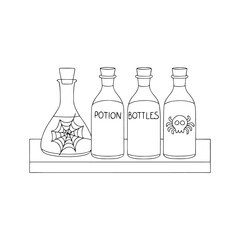 Four glass bottles with labels lined up neatly isolated on white background isolated on transparent background
