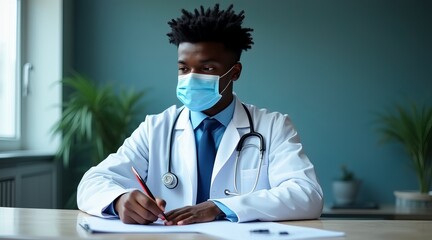 Focused African American male doctor with a face mask writing a prescription at his desk in a clinic