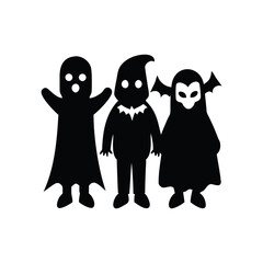 Three silhouetted halloween characters including a ghost vampire and gnome isolated on white background isolated on transparent background