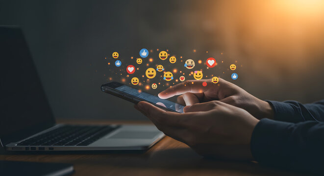 Person using a smartphone with floating emojis and like icons near a laptop on a wooden surface - Powered by Adobe