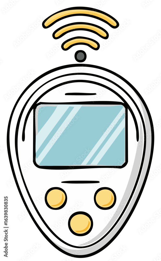Poster hand drawn wireless smart device with screen and buttons showing connectivity signal doodle illustra