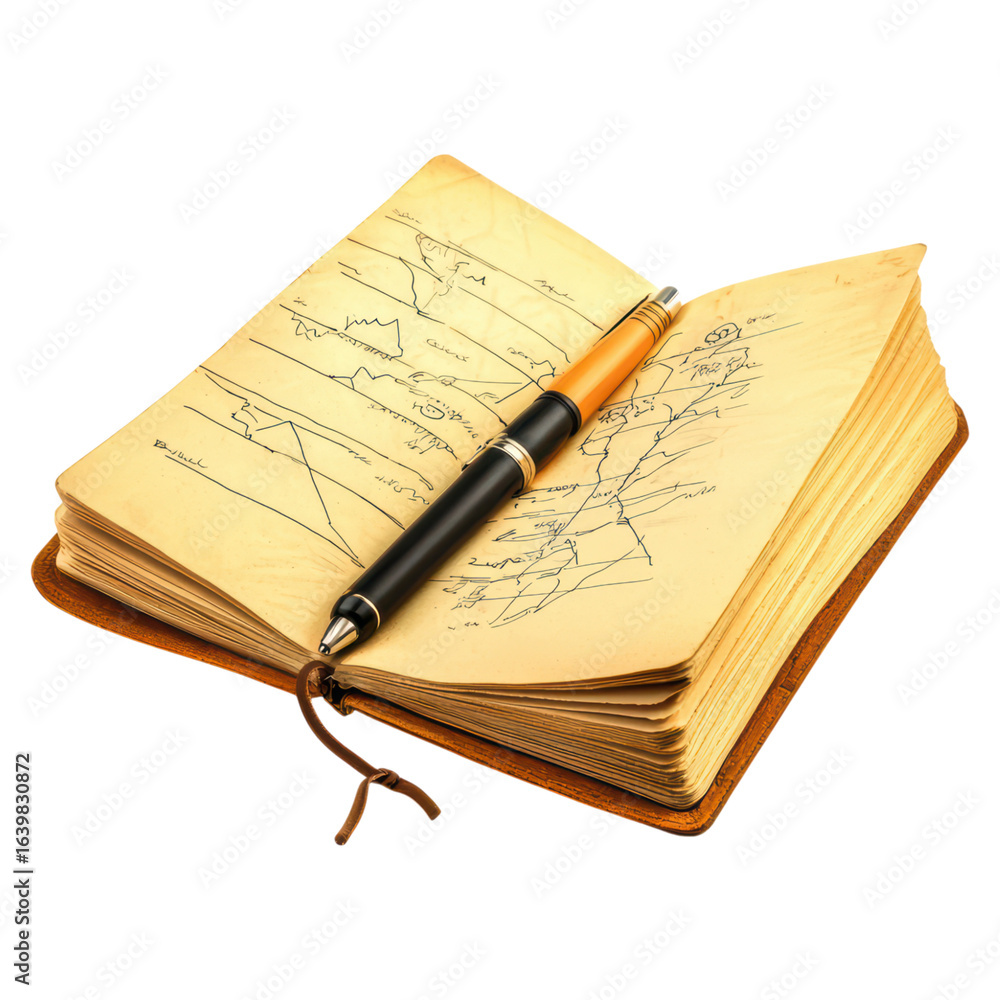Poster open notebook with sketches and pen resting on top of it, isolated on transparent background.