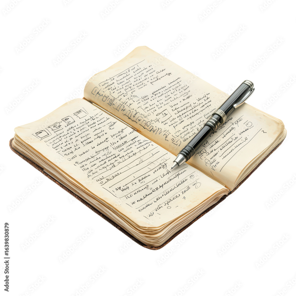 Poster open notebook with handwritten notes and a silver pen on desk, isolated on transparent background.