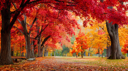 Vibrant autumn forest path lined with fiery red and orange trees